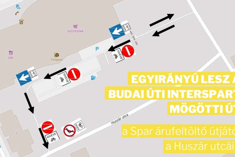 Egyirányúsítás a Zrínyi és Huszár utca közötti áruházi parkolói szakaszon